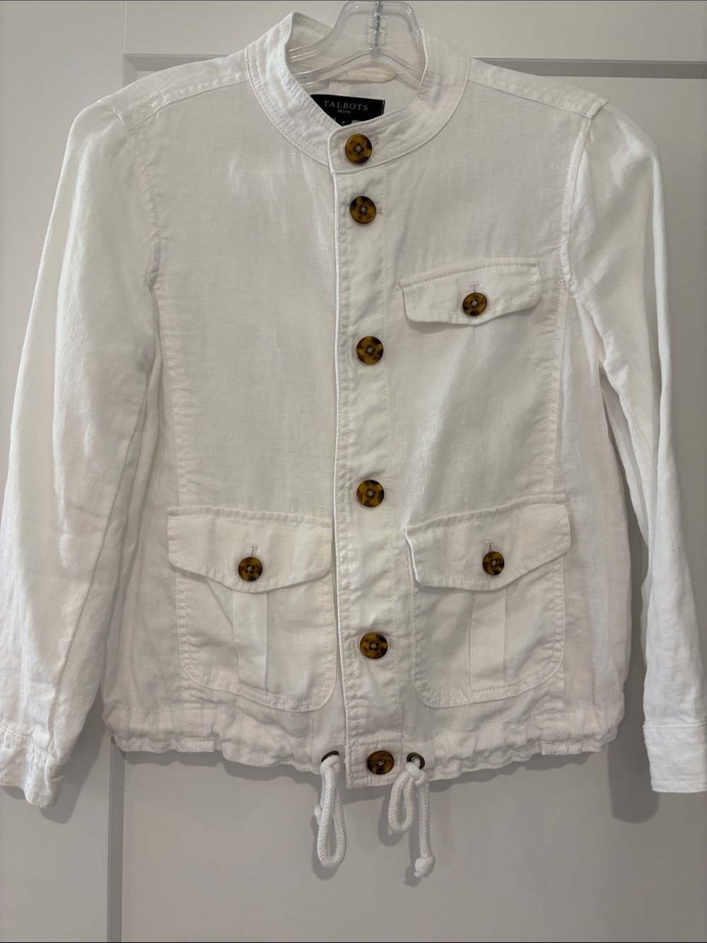 Talbots White Linen Drawstring Button-Front Jacket with Tortoise Buttons